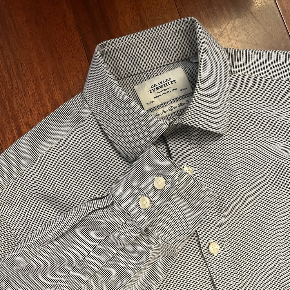 Charles Tyrwhitt Shirt Mens 15.5 33 Blue Non Iron Extra Slim Fit Geometric Check